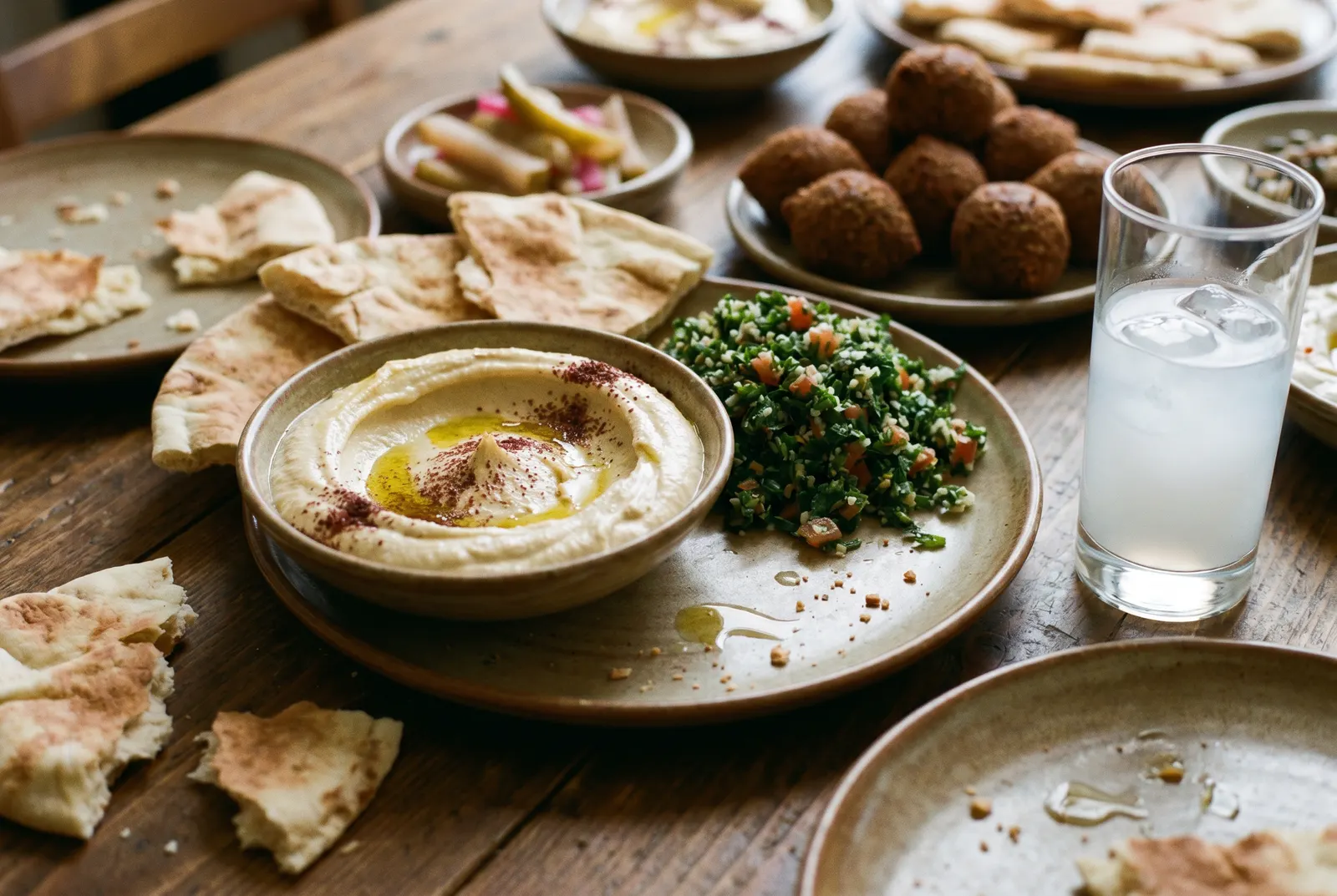 Mezze on the weathered wood table — hummus, tabbouleh, warm bread, arak
